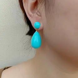KKGEM 17x27MM Turquoise Color Sea shell pearl Long Drop Stud Earrings Gold Plated Jewelry For Women