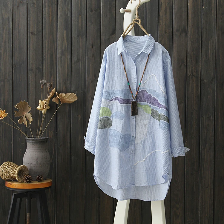 

High-End Japanese Sle Women's Printed Cotton Linen irt Long Sve Slim Stripe Spring Faion Commute Loose Fit Collar