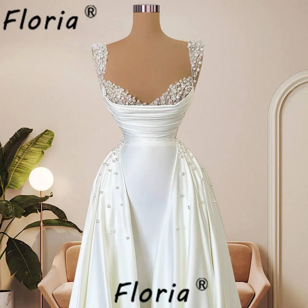 Elegant Ivory Satin Wedding Dress Pearls Spaghetti Strap Formal Evening Dresses with Overskirt vestidos de gala 2024 Bride Gowns