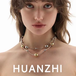 HUANZHI Fashion Ball Love Wave Metal Beaded Necklace Simple Personalized Punk Jewelry Trend Jewelry for Women Men Unisex New