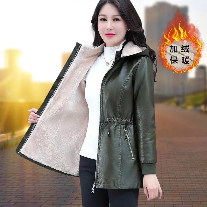 Autumn Winter Jackets Plus Velvet Women\'s Leather Coat 2024 Black Green Hooded Fashion Outwear Zipper Thick Warm Short Jacket