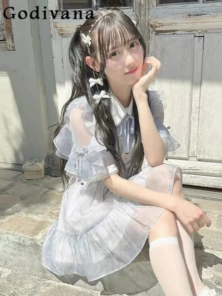 Large Size Sweet Ruffles Floral Short Sleeve Peter Pan Collar Dress Spring Summer Girl High Waist A-line Age Reduction Dresses