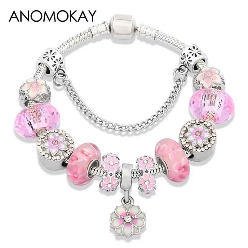 Nueva pulsera romántica con dijes de flores de cerezo rosa, bonita pulsera de cuentas de plantas de cristal esmaltado rosa para mujer y niña, regalo de Navidad