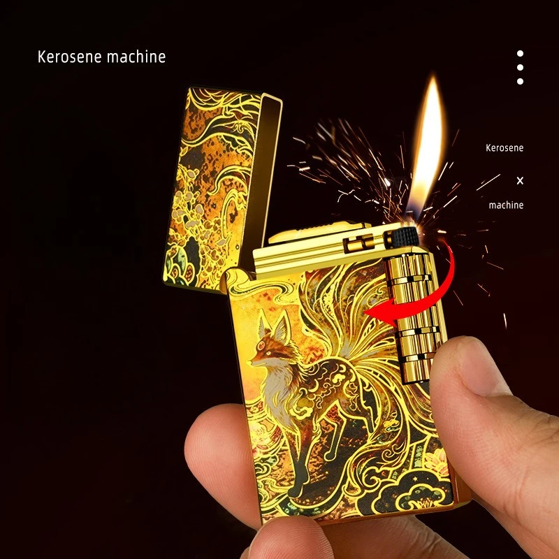 Loud Sound Open Flame Lighter, Gilt Enamel Metal Body, Grinding Wheel Ignition, Side Sliding Butane Inflatable Lighter