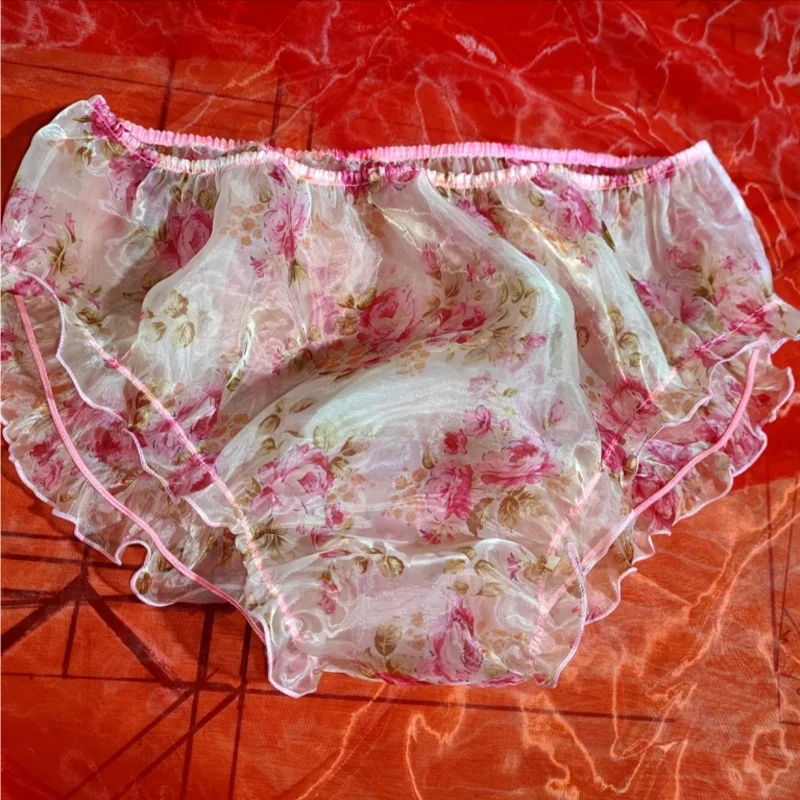 Men Transparent Organza Sexy Briefs Woman Soft Silky Shiny Floral  Elastic Waist Ruffled Panties Silky Touch Erotic Lingerie
