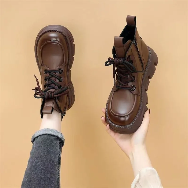 

Pu Leather Ankle Boots for Women Sneakers 2024 Autumn Winter Warm Plush Motorcycle Boots Lady Vintage Lace Up Shoes Brown Black