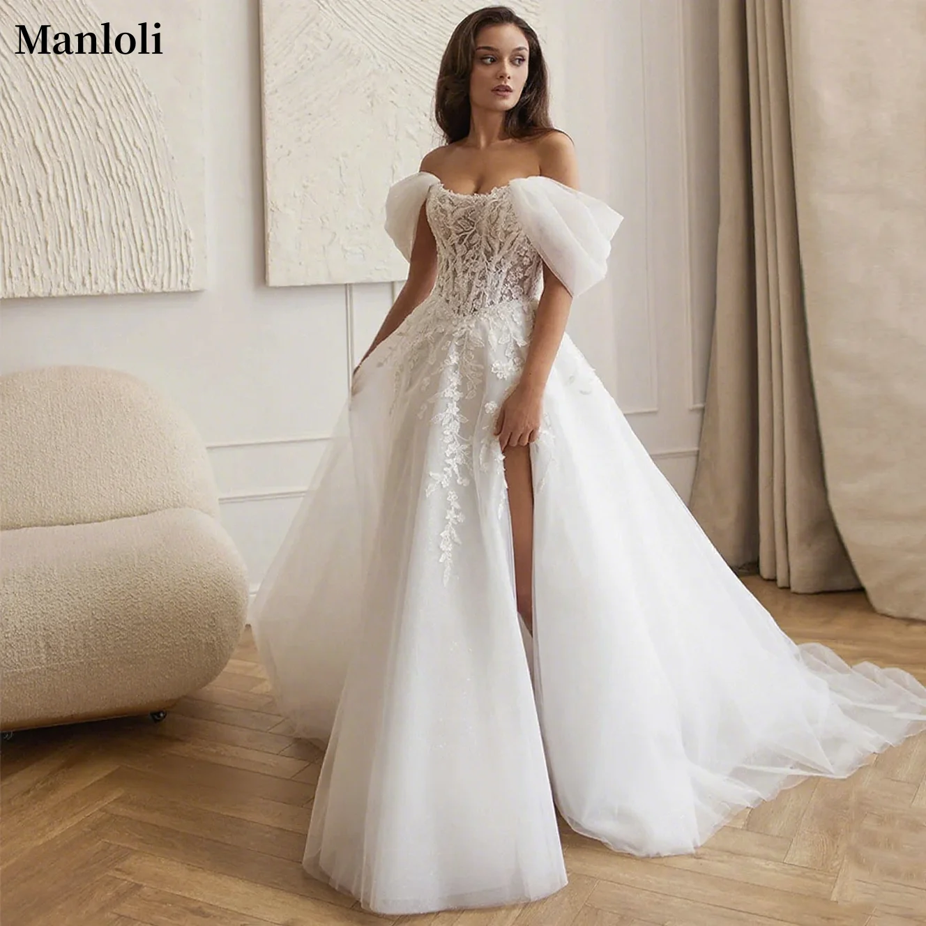 أنيقة قبالة الكتف فستان الزفاف الأبيض ألف خط الزفاف ضيق مشد فستان الزفاف مخصص الدانتيل صائق عالية سبليت فستان الزفاف رداء