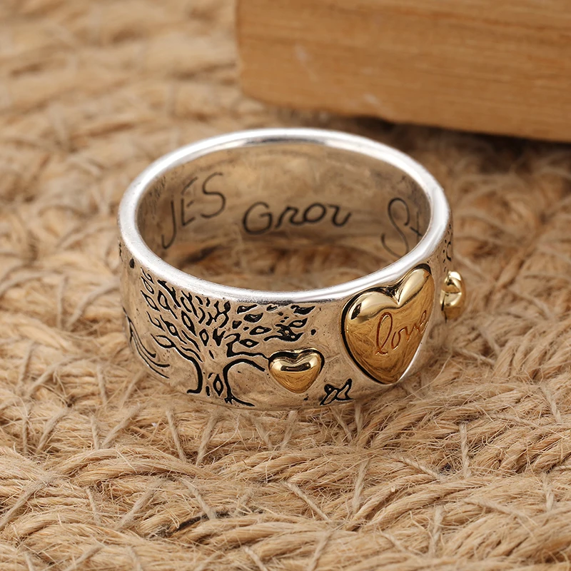Vintage Zweifarbiger Herz-Damenring Metall Handgravierte Buchstaben Täglicher Gebrauch Party-Schmuck – Detail 2