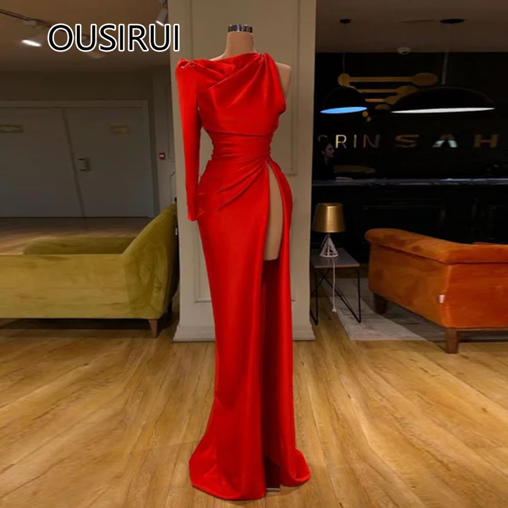 OUSIRUI One Shoulder Satin Pleated Formal Saudi Evening Dress Sexy Mermaid Side High Slit Evening Prom Gown Long robe de mariée