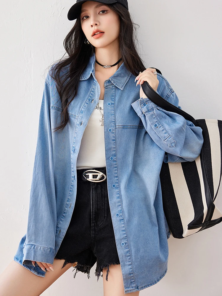 2024 New Vintage Denim Shirts Women\'s Fashionable Commuting Long Sleeve Denim Blouse Tops Female Casual Simple Outwear