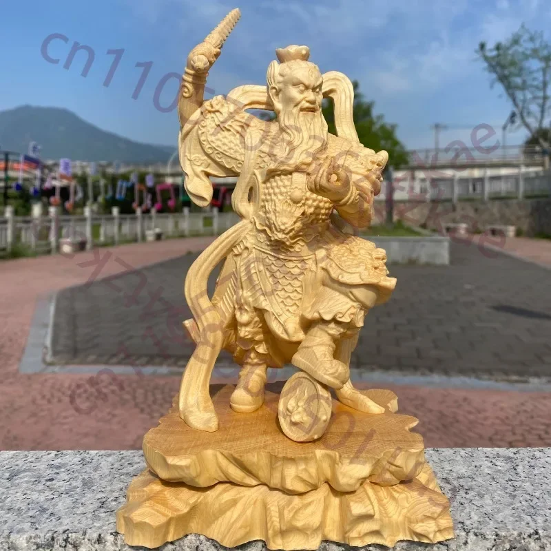 Hand Carved Hinoki Wood Wang Lingguan Statue Figurine Three Eye Fire God First Protector Deity Ornament Home Temple Altar Decor