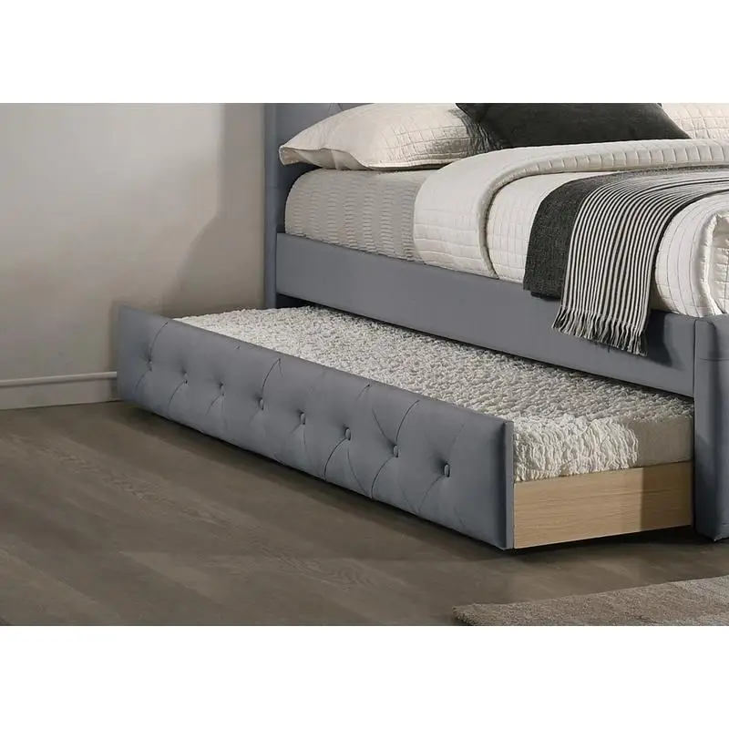 سرير معاصر بحجم مزدوج مع دولاب، منجد من الخيش باللون الرمادي الفاتح، لوح رأسي معنقدة بأزرار ولوح قدم، شرائح خشبية،