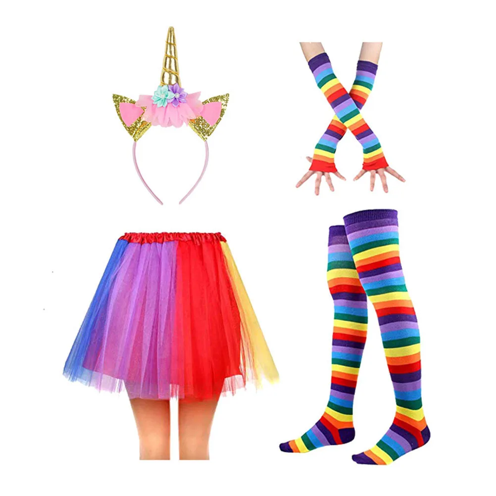 

2Pcs Rainbow Strips Gloves Socks Set Stretchy Knee High Colorful Warm Socks for Girls Costume Party School Events Rainbow