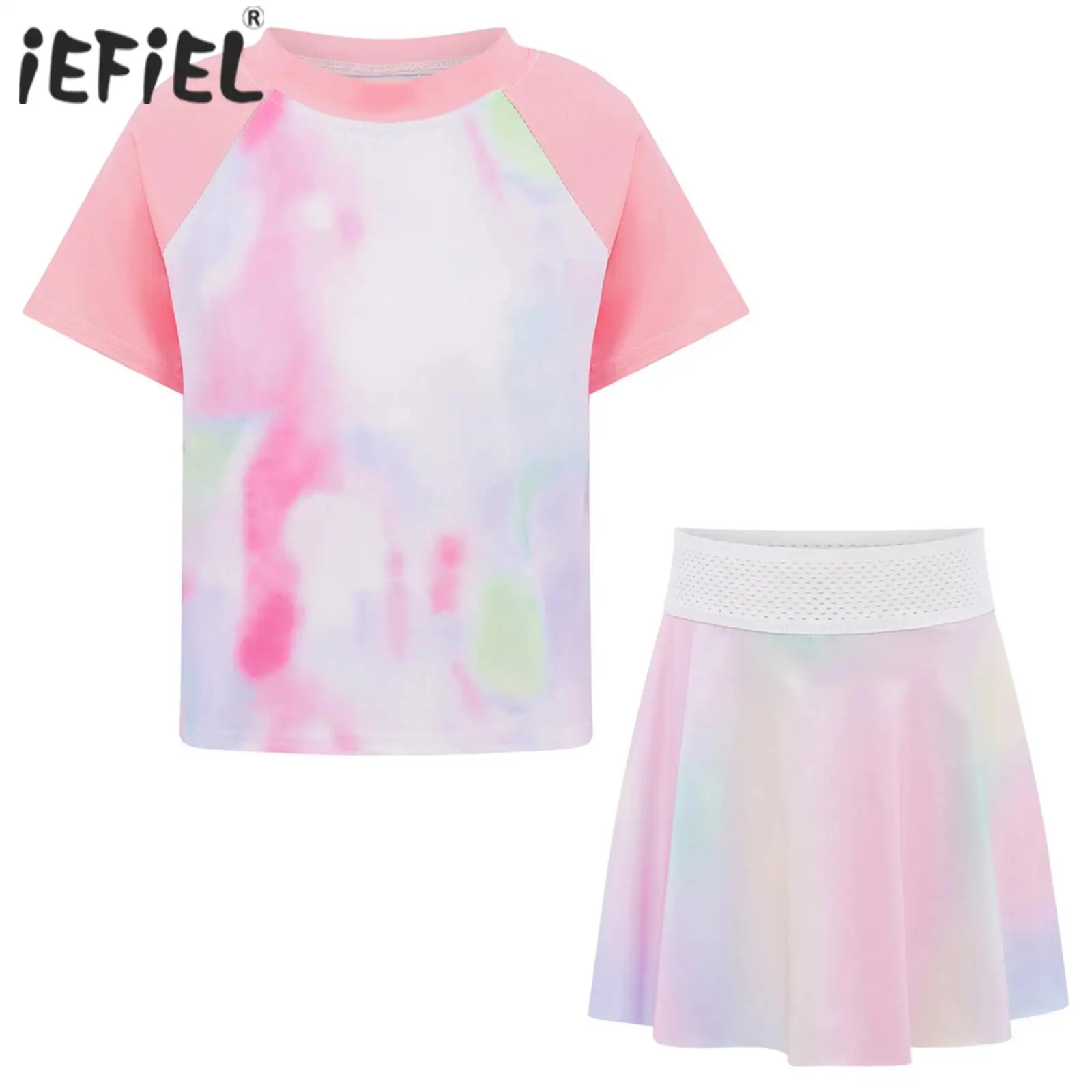 Kids Girls Sports Outfit Gradient Color Quick-Drying Short Sleeve T-shirt with Elastic Waistband Skirt Tennis Exercise Sets