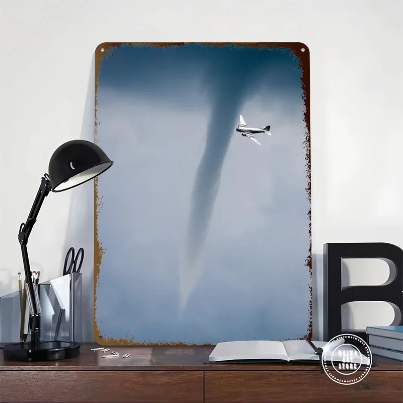 Douglas DC-3 Flying Near Tornado Tinplate Poster Customized Wall Art Vintage Metal Signs Retro Plates for Garage Accessories