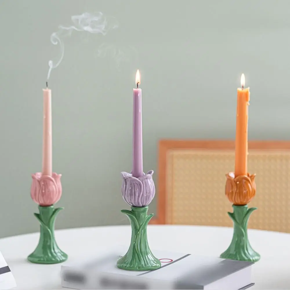 Nordic Style Tulip Candle Holder Simple Design Handmade Flower-shaped Candlestick Geometric Art Creative Desktop Tulip Ornament