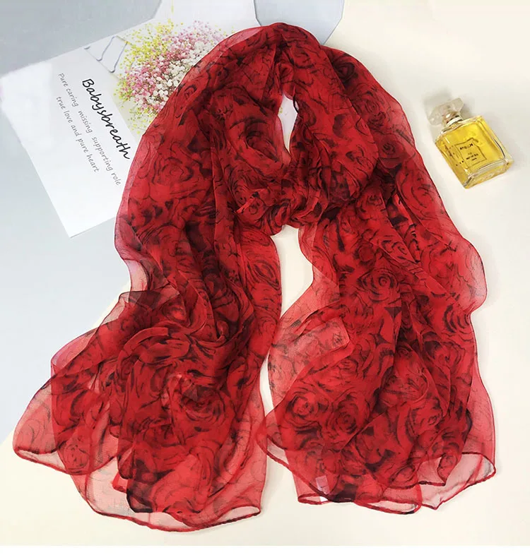 BYSIFA| New Red Rose Silk Scarf Printed Women Fashion Brand Elegant Floral Long Silk Scarf New Style Ultra Thin Scarves Shawl