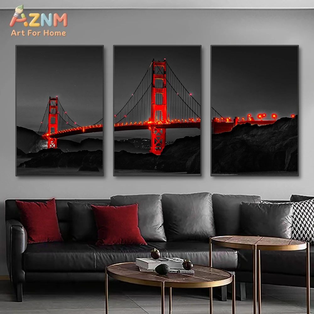 3PCS Black and Red Golden Gate Bridge Night View Canvas Wall Art Prints Set, Modern Cityscape San Francisco Artwork Posters, No