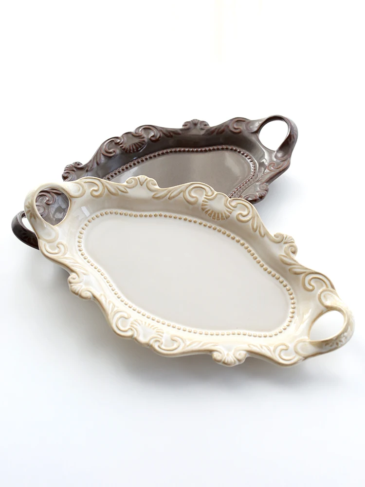 Retro European Court Relief Flower round Plate Double Ear Western Dinner Plate Soup Plate Cake Plate Banquet Display