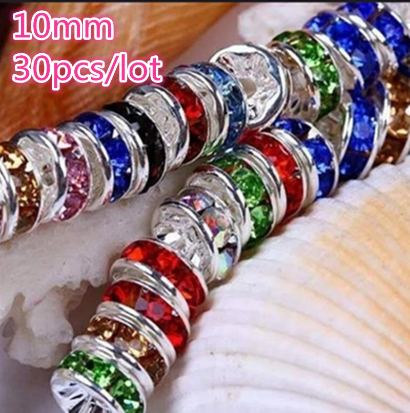 NEW 30pcs 10mm Czech Crystai Rhinestone Glass Round Loose Spacer Beads for Jewelry Making DIY Bracelet Necklace