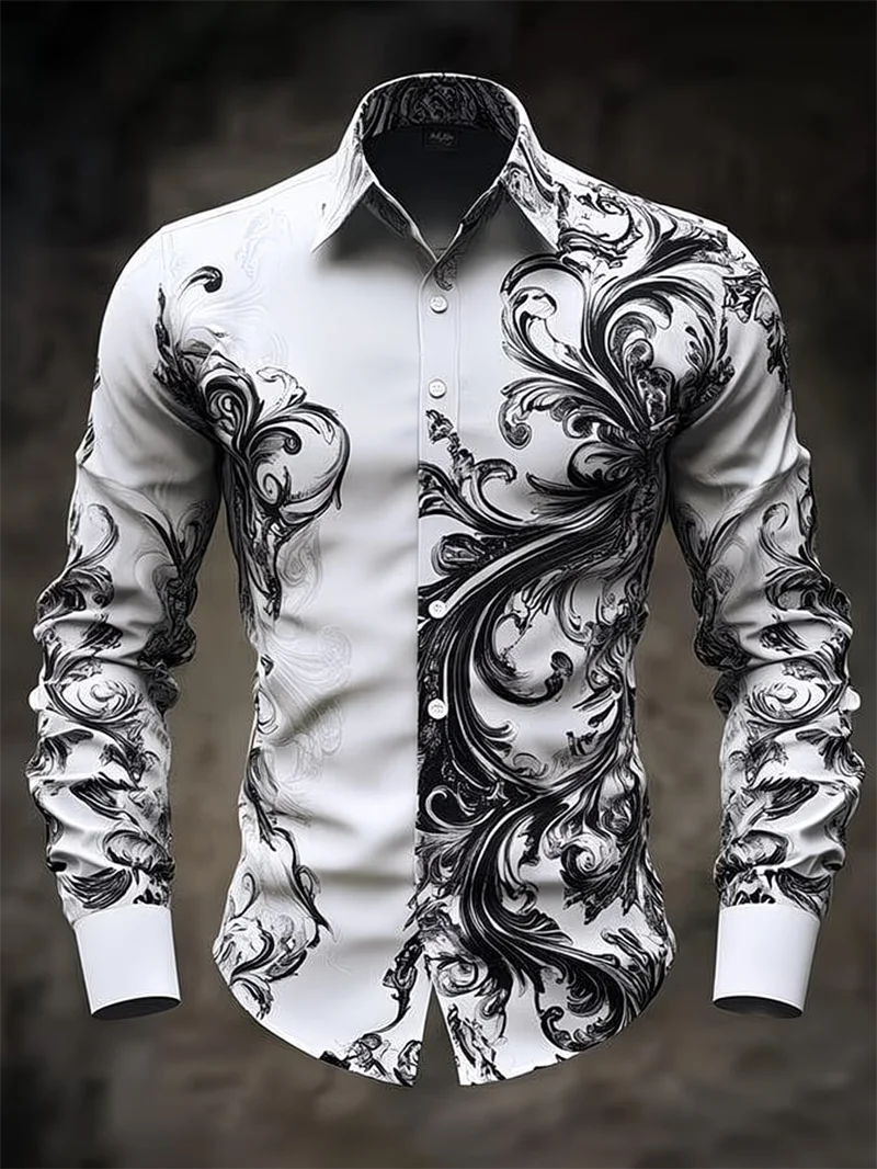 

New men's long sleeved shirt with 3D clover print design, fashionable and luxurious print, comfortable and soft top