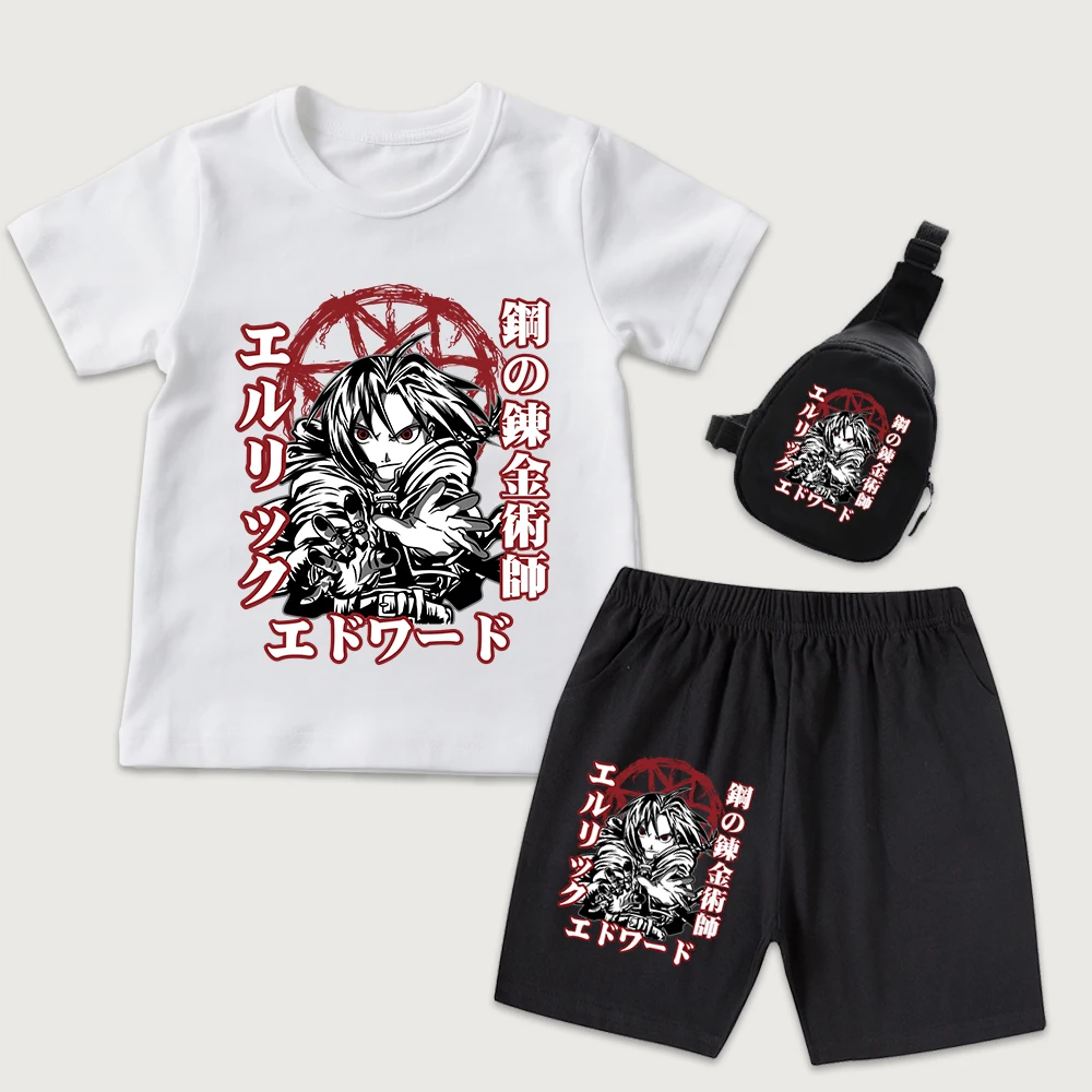 Full Metal Alchemist Edward Elric Anime Print Kids Cotton T Shirt Shorts Mini Chest Bag 3 Piece Set Boy Girl Casual Wear