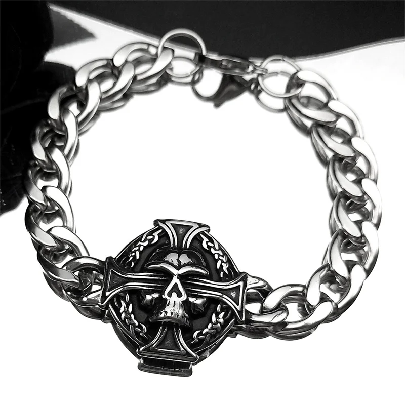 펑크 힙합 스테인리스 스틸 해골 고스트 헤드 뱅글 남성용 블랙 빈티지 남성 쿠바 체인 팔찌 쥬얼리 할로윈 선물
