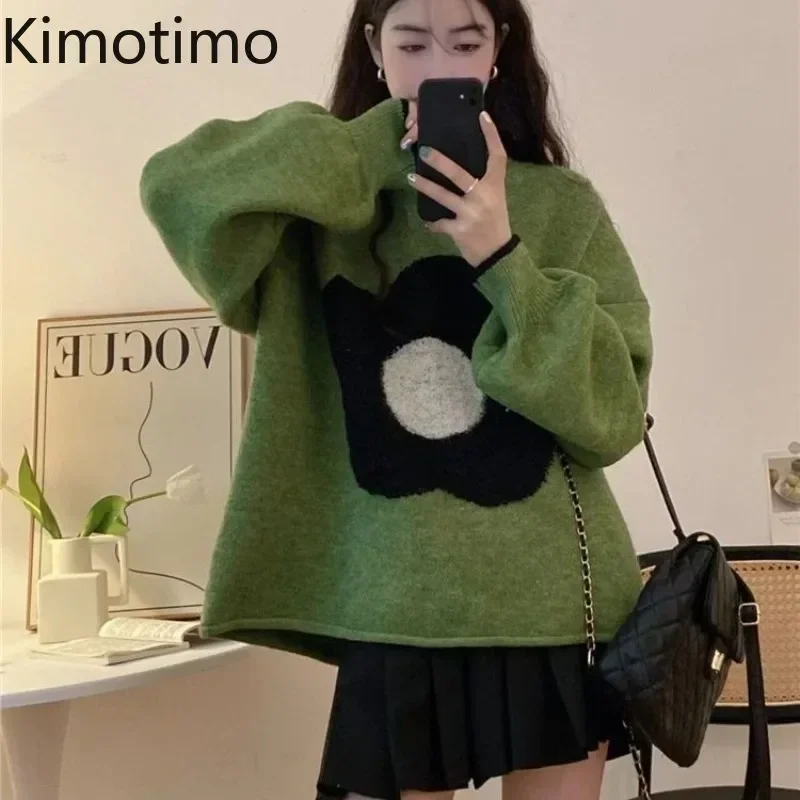 Kimotimo Flower Jacquard Knitted Sweaters Women Autumn Winter Contrast O-neck Loose Pullovers Korean Design Sweet Pull Top