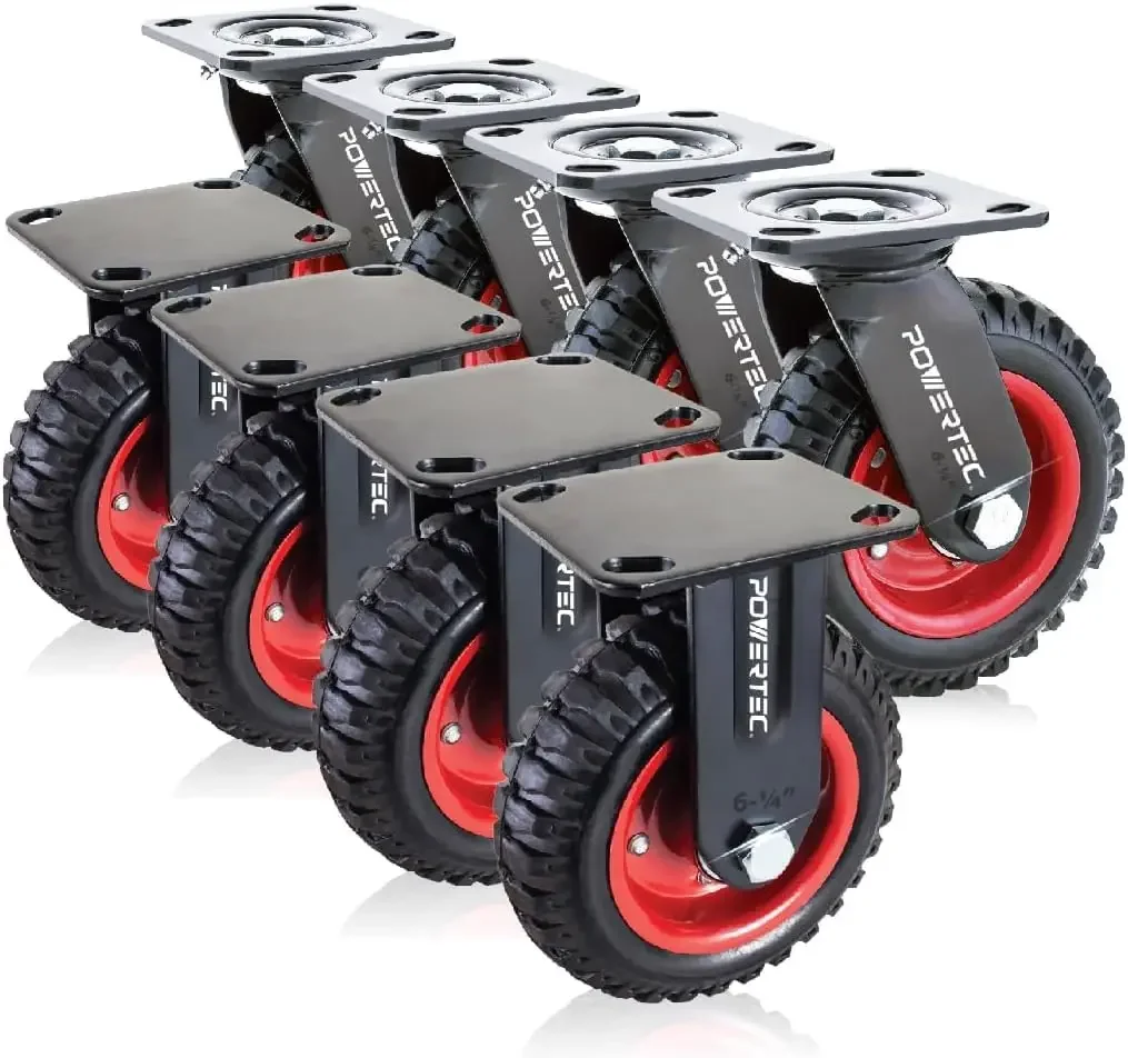 Conjunto de 8 rodas giratórias de 6 polegadas (4 giratórias e 4 fixas), rodízios resistentes com piso de borracha para bancada de trabalho, dolly, carrinho, carrinho