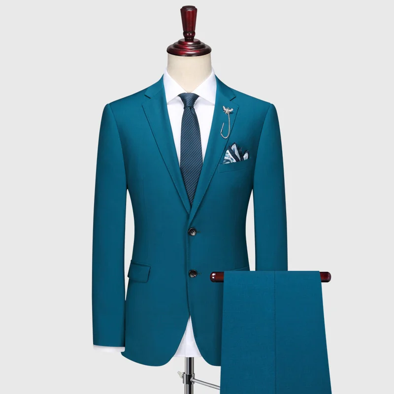 Men Suits Set 100% 130s Wool Fashion Slim Fit Wedding Groom Wear Special Blue Formal Clothing Blazer Pant Prom Evening Jackets