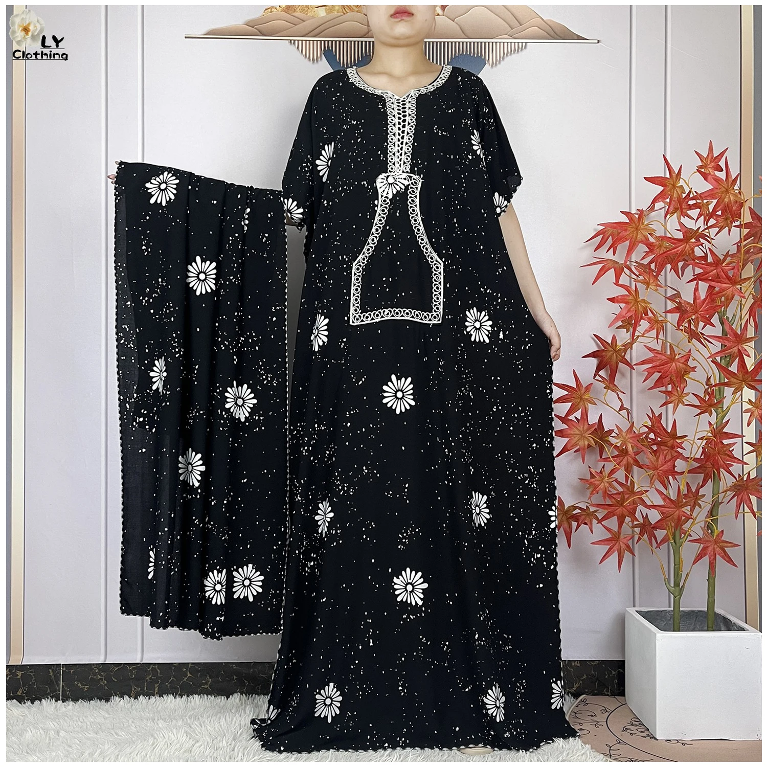 2024 Latest African Abaya Clothing Summer Women Fashion Casual Robe Cotton Loose Short Sleeve Maxi Femme Dress With Big Scarf