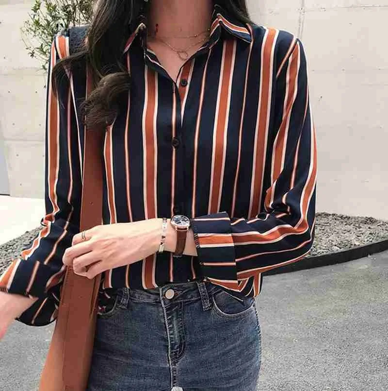 Women's Striped Long Sve irt Jaet Street Sle  Collar Button Closure Slim Fit Polyester Spring Summer Faion