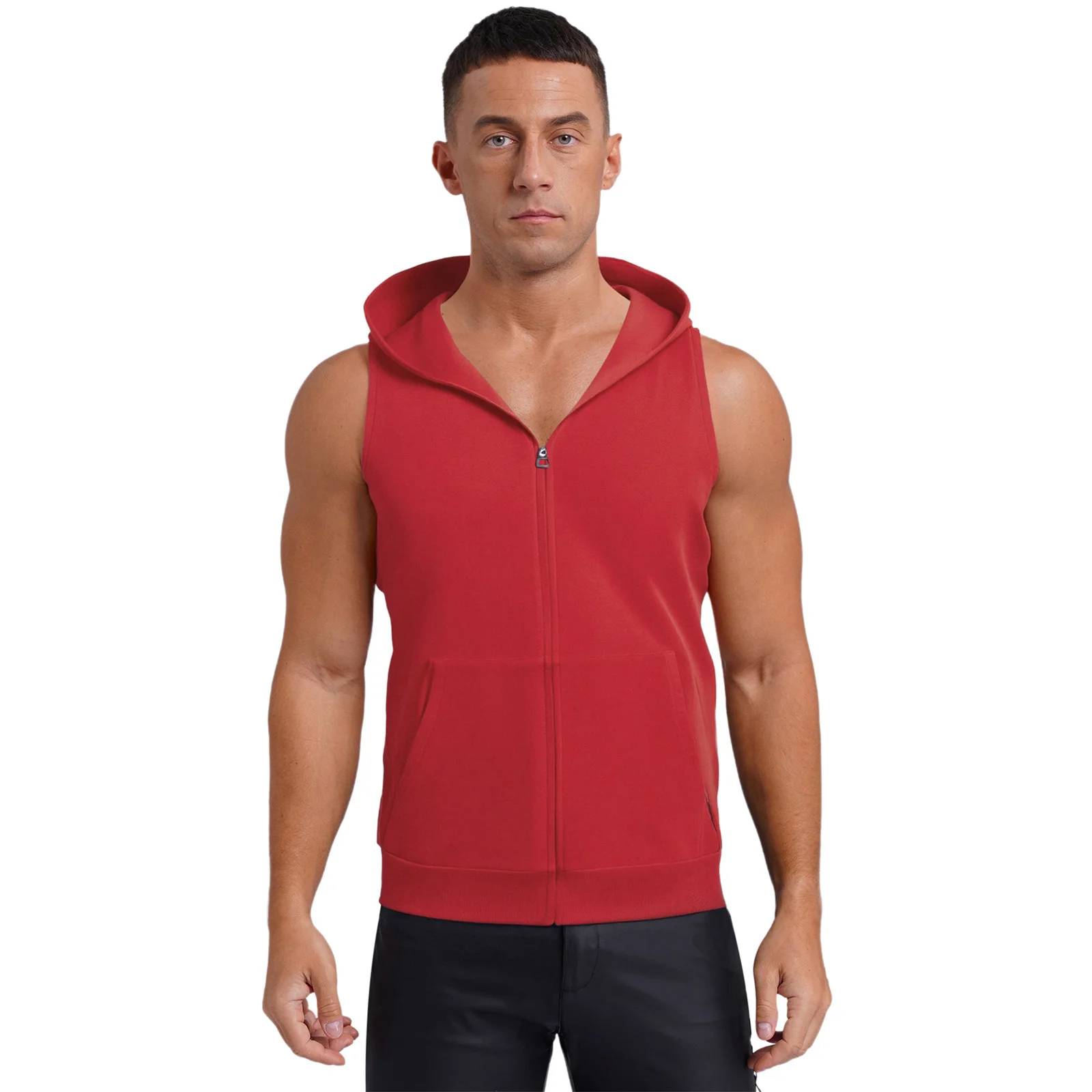 #S-3XL Men Stylish Zipper Hooded Tank Top Sleeveless Athletic Hoodie with Pockets for Gym Fitness Workout Basketball Cycling