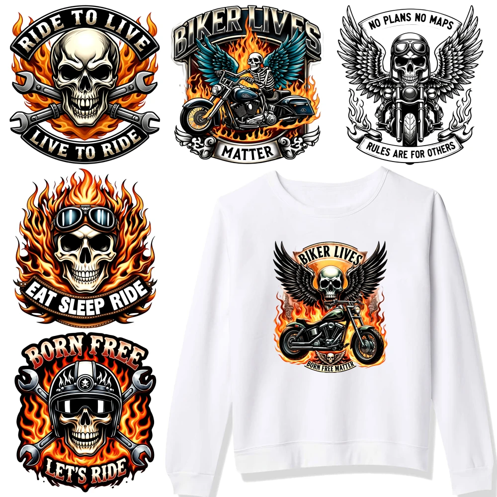 6 Pcs Skull Flames Iron on Transfers DTF Transfers Ready Iron On Transfer Patches Iron on Decals for T Shirts Press Washable