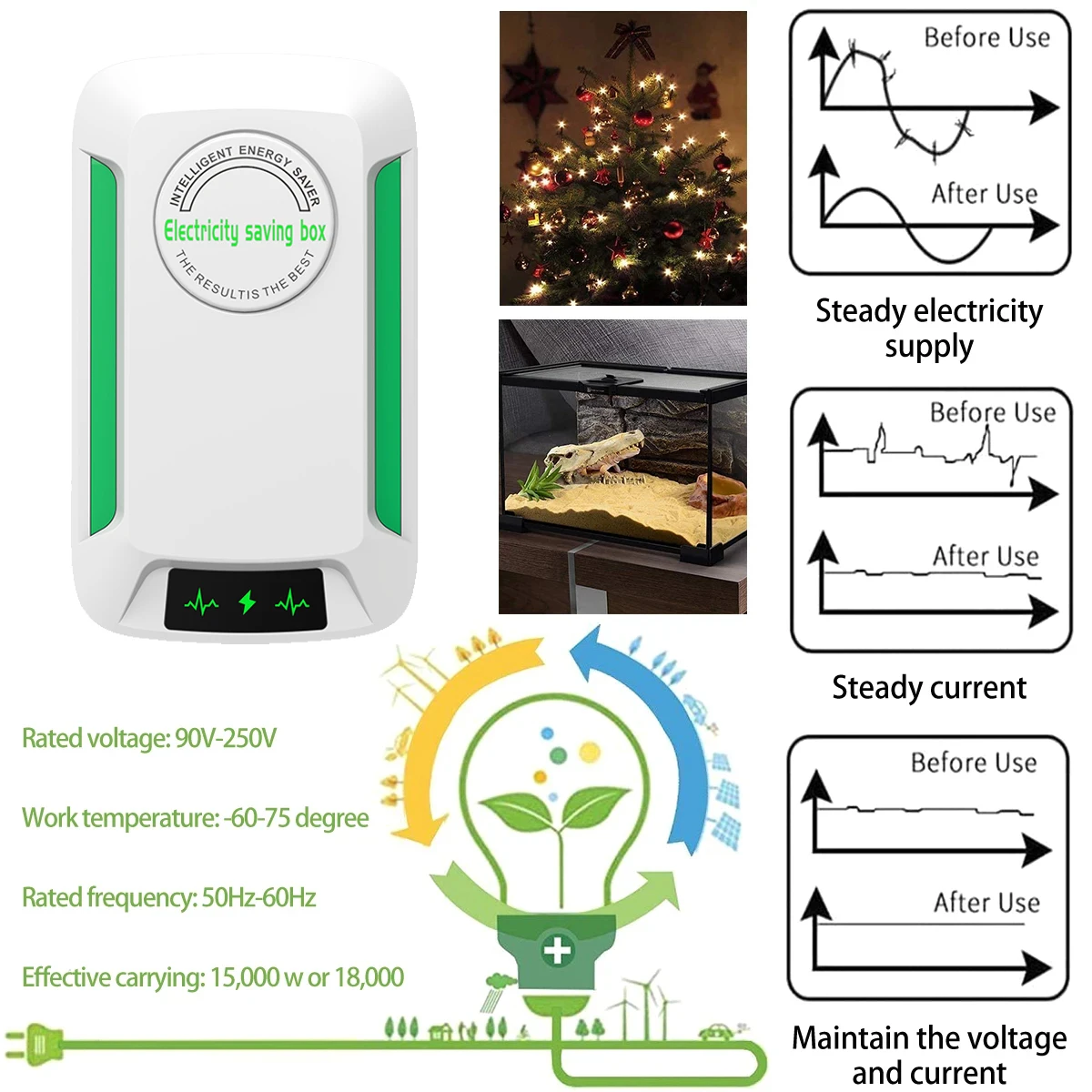 Ahorrador de energía para el hogar, caja de ahorro de energía de 90V-250V, con Factor de potencia, para oficina, EE. UU./UE/Reino Unido