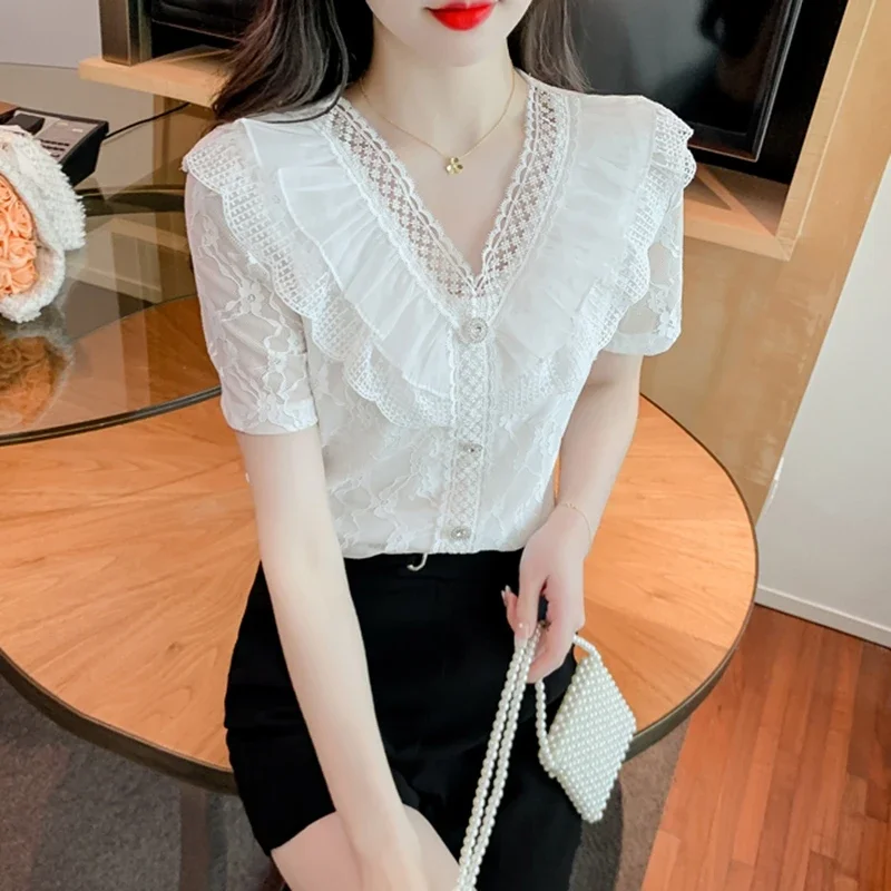 Summer White Lace Blouses 2024 Fashion V Neck Ruffles Casual Blusas Femininas Korean Style Clothes Slim Elegant Y2k Tops Mujer