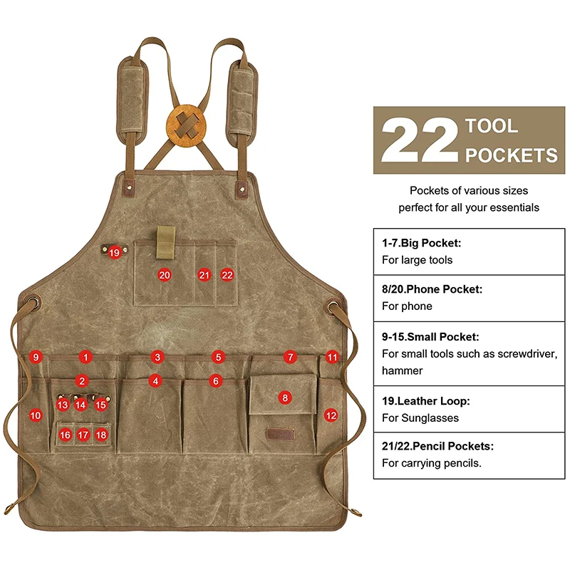 KOOGER Waxed Canvas Woodworking Tool Apron for Men Durable Waterproof Work Apron With Pockets Adjustable Cross Back Straps