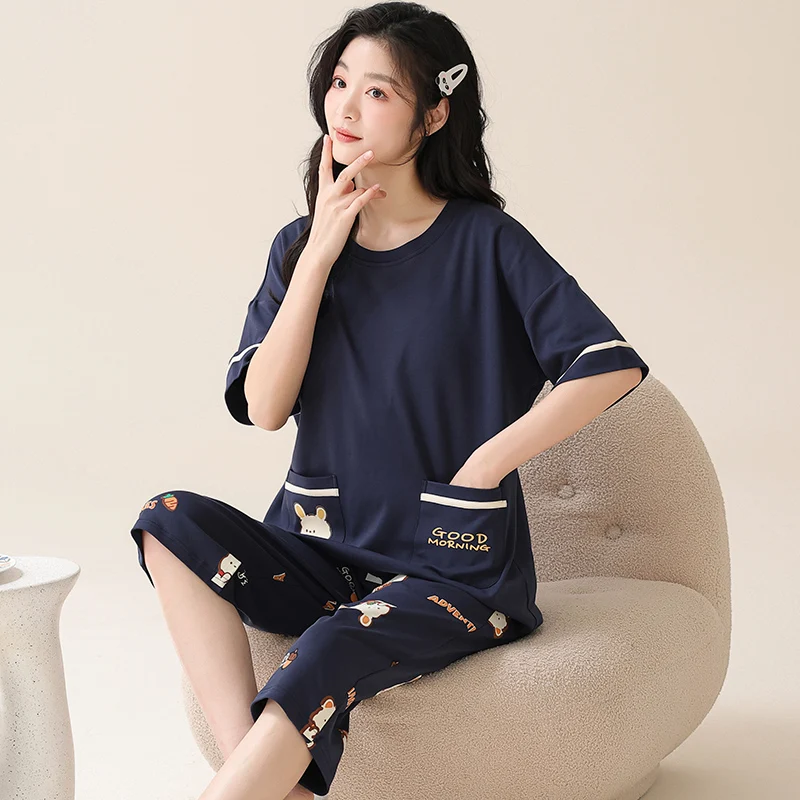 Women Clothes for Summer Pajamas Sets O-Neck Sleepwear Lovely Rabbit Pijamas Mujer Short Sleeve Cotton Sexy Pyjamas Female M-5XL