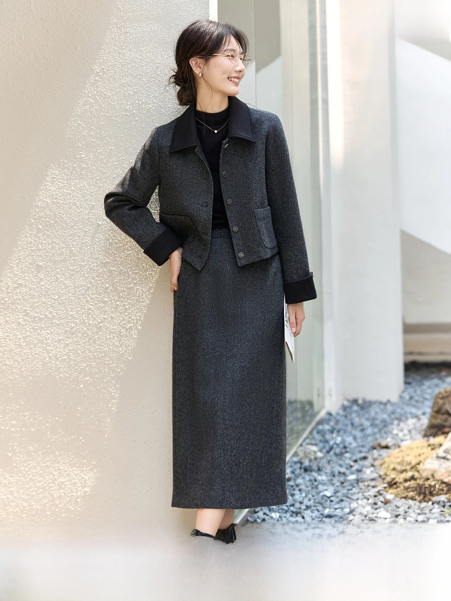 

Elegant Knitted Woolen Suit Set for Women Long Sleeve Turn-down Collar Coat Straight-cut Skirt Two-piece Autumn Fashion