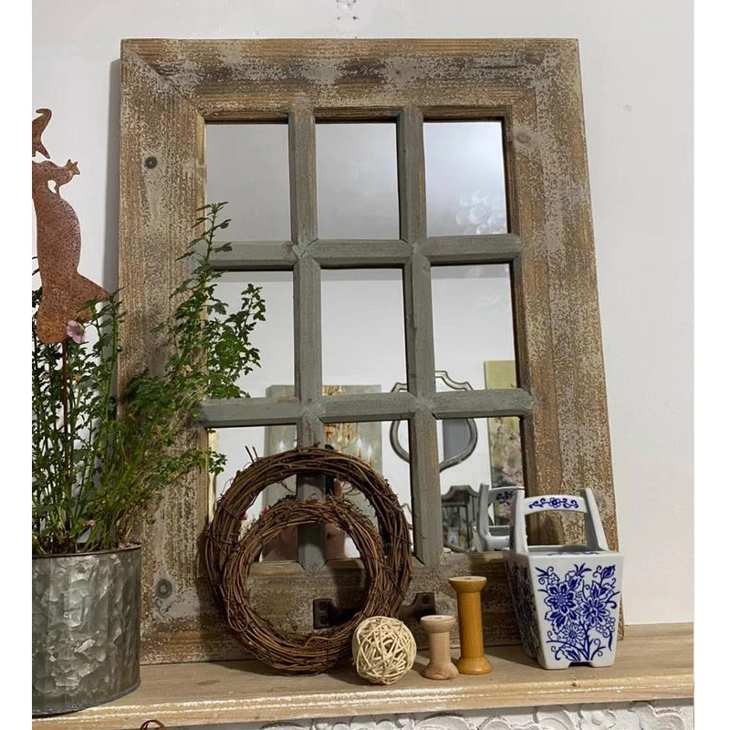 French Farm Countryside Fake False Handmade Vintage Old Wood Decorative Mirror Wall Window with 9 Grids