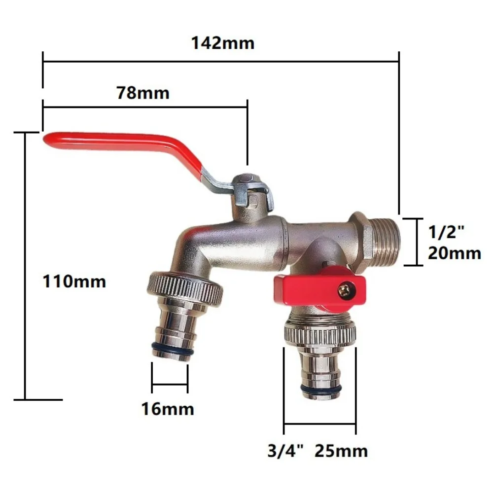 1/2" Universeller Doppel-Auslass-Wasserhahn aus Zinklegierung, langlebiger Gartenhahn, Wandhahn für Außenwaschbecken, Balkonbewässerung, Waschmaschinenhahn