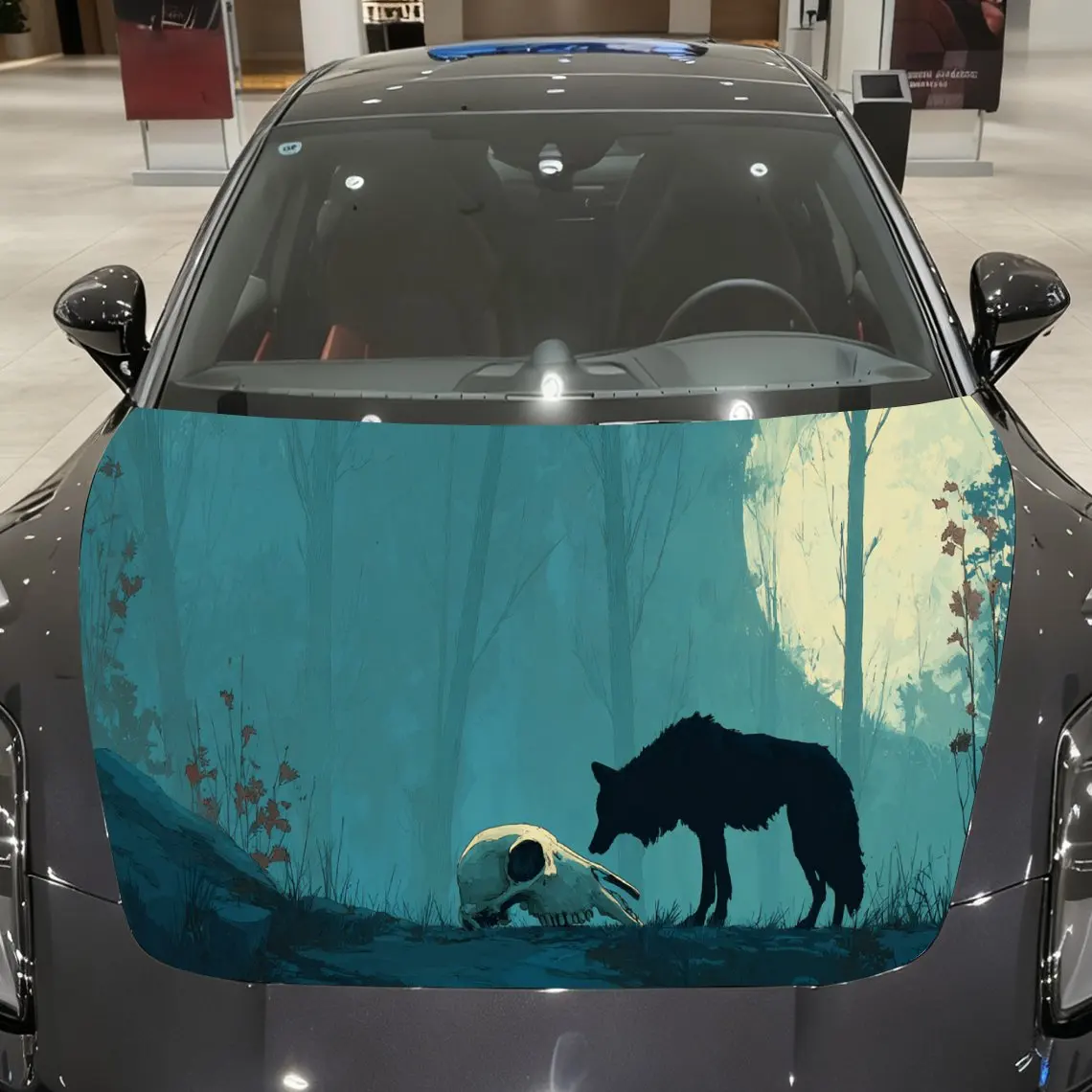 Majestic Moonlit Wolf and Skull Car Cover Sticker, Auto Hood Decal, Car Exterior Scratch Resistant Decal, Trendy Gift for Car Lo