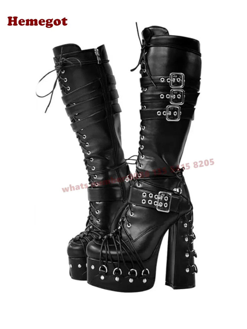 Rivet Cross Straps Chunky Heels Boots Black Spicy Girls Round Toe Platform Buckle Gothic Knee High Boots Leather Winter Shoes