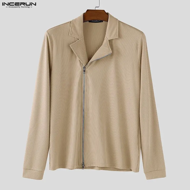 

INCERUN Мужская рубашка с лацканами и длинным рукавом, вязаная молния, однотонная мужская одежда, уличная модная повседневная мужская рубашка, Camisas S-3XL