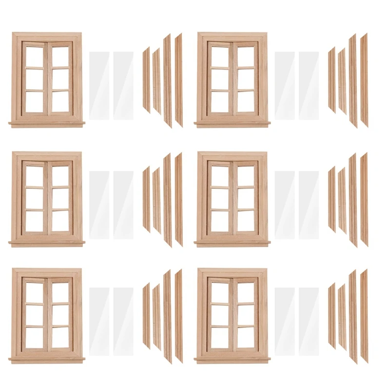 6X 1:12 Dollhouse Miniature Double Window Wooden 6 Pane Frame And Glass Plate Doll House DIY Double Window Accessories