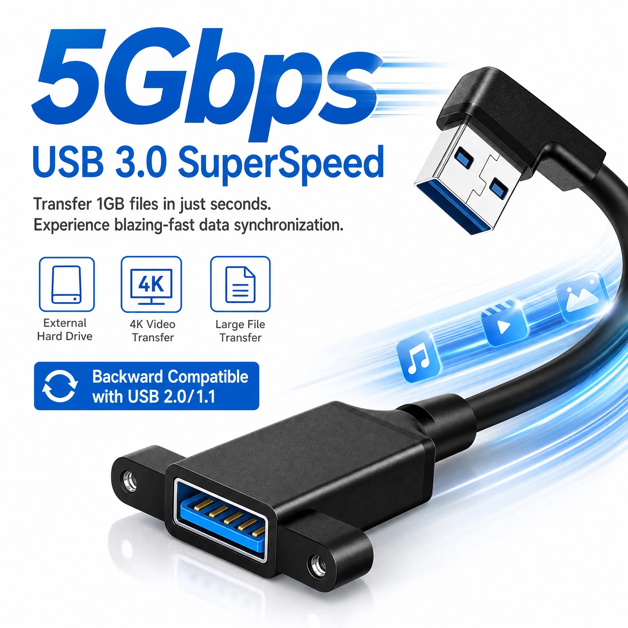 5M USB 3.0 Extension Cable Male To Female 90° Elbow USB Extender Cable 5Gbps Data Transfer for U Disk External Hard Drive Card