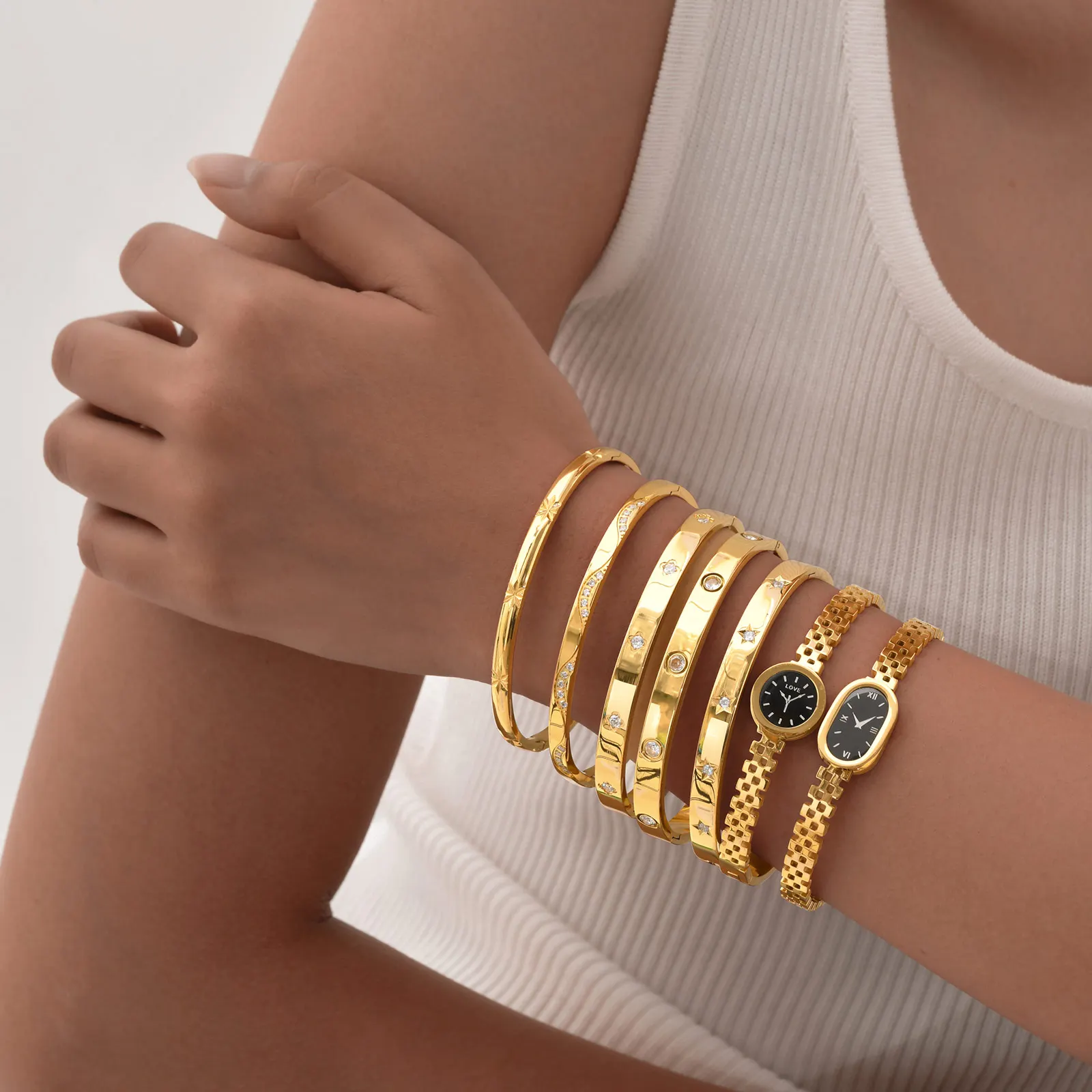 Women Fashion Stainless Steel Watch Shaped Cuff Bangle, Gold Color Metal Bracelets, Elegant Lady Wristband Jewelry Gift To Girls