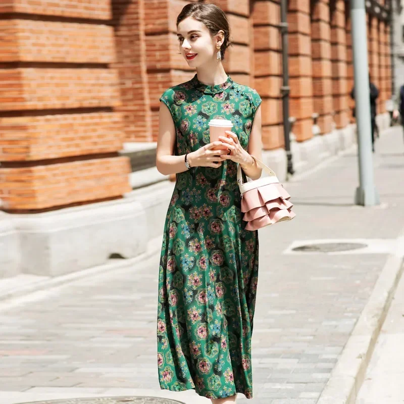 Tajiyane Cheongsam  100% Summer Mulberry Silk Elegant Dress for Women Clothes Midi Dress Fashion Retro Floral Dresses Vestido Zm