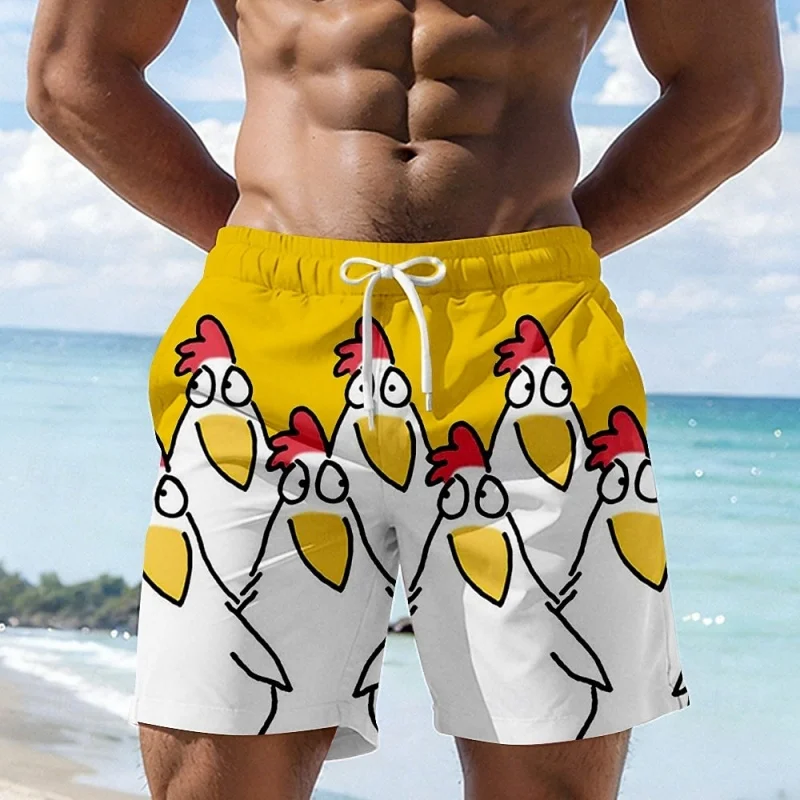 

Funny Cartoon Chicken Graphic Swim Trunks For Men Casual 3D Printed Short Pants Summer Hawaii Surf Swimsuit Loose Beach Shorts