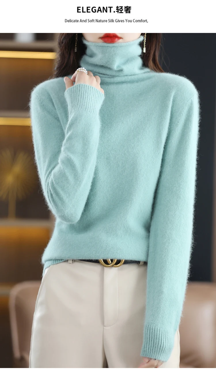 Autumn and Winter 2022 Women's High Neck Pullover 100% Pure Mink Cashmere Sweater Knitted Soft Fashion Women's Clothing